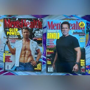 2 Men’s Health Magazines Featuring Arnold Schwarzenegger & Glenn Powell